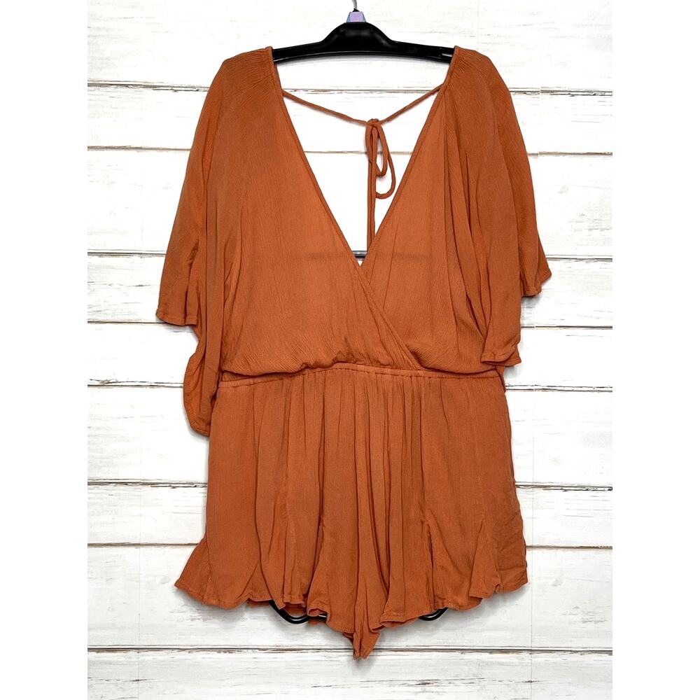 Free People Nerea XS Rust Gauze Romper Bell Sleeve Tie Back Boho Festival